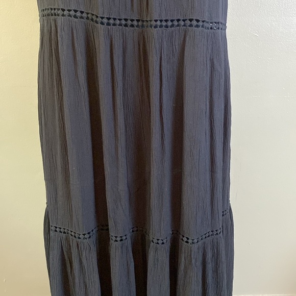 VENUS Black Gauze Maxi Dress Tiered w Open Lace Between Adjustable Straps L NWOT - Picture 3 of 11